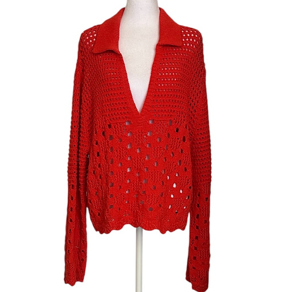 NWT H&M Women’s Red Crochet Sweater Pointelle Knit Cotton Scalloped Sleeve Sz XL